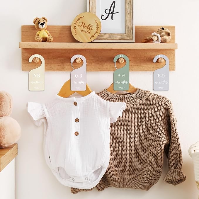 Whaline 7Pcs Terrazzo Wood Baby Closet Size Dividers with White Velvet Bag Newborn to 24 Month Thicken Infant Wardrobe Hanger Organizers for Home Nursery Party Supplies