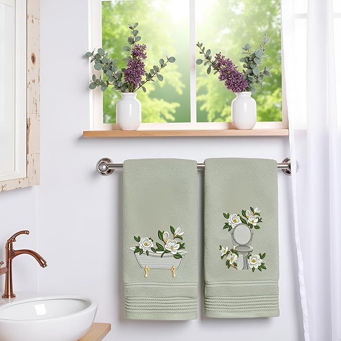 2pcs Sage Green Magnolia Hand Towels for Bathroom Decorative Towels Set 100% Cotton cute Embroidered Spring summer floral bath towels dish kitchen towels Farmhouse Bathroom Decor Gift(Green Magnolia)
