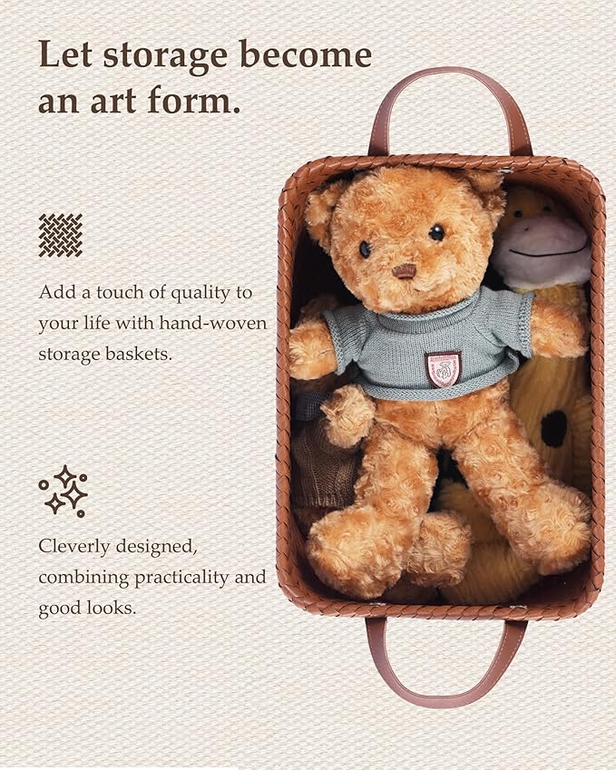 15x10x9 Woven Laundry Basket Hamper, Storage Basket for Clothes Blankets, 4-Pack Wicker Bin for Closet Shelves Bedroom Bathroom, Brown