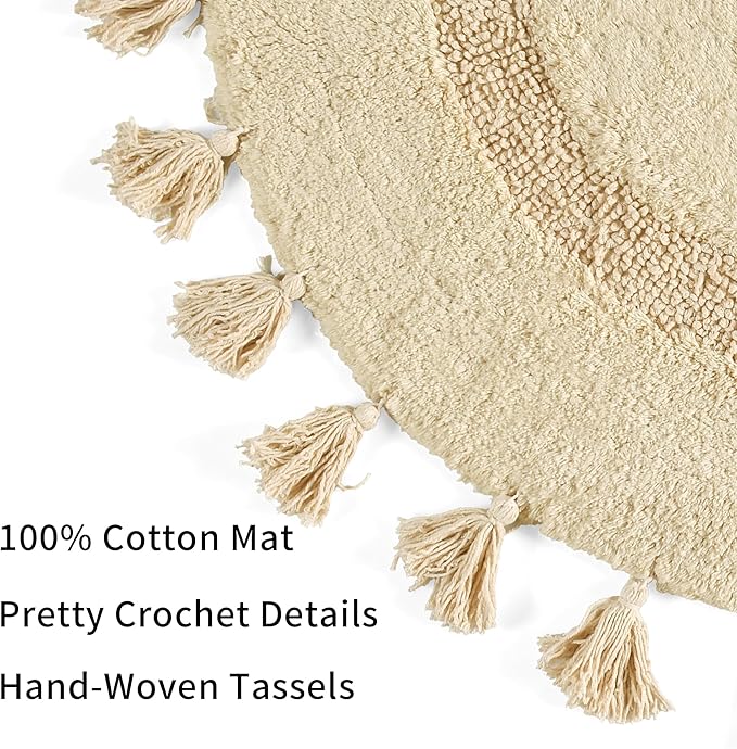 Half Circle Boho Bathroom Rug with Tassels 100% Cotton Hand-Woven Bath Mat Non Slip Absorbent Crochet Rug Washable Boho Bath Mat Carpet for Tub, Shower 27.5 Inch