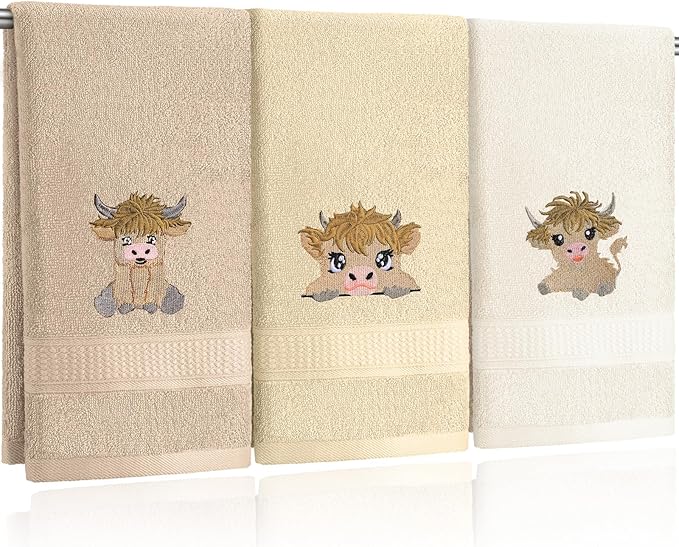 3 Pcs Mini Baby Highland Cow Hand Towels for Bathroom Kitchen Decor, Beige Embroidered Cow Soft Absorbent Decorative Towels Set Christmas Home Decor Gift, 100% Cotton, 13.3 x 29.5''