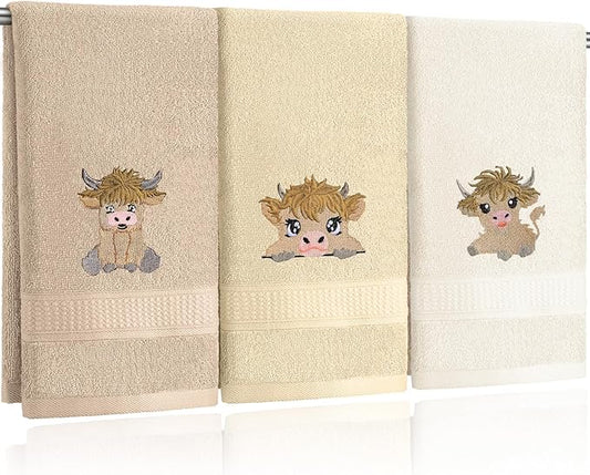 3 Pcs Mini Baby Highland Cow Hand Towels for Bathroom Kitchen Decor, Beige Embroidered Cow Soft Absorbent Decorative Towels Set Christmas Home Decor Gift, 100% Cotton, 13.3 x 29.5''