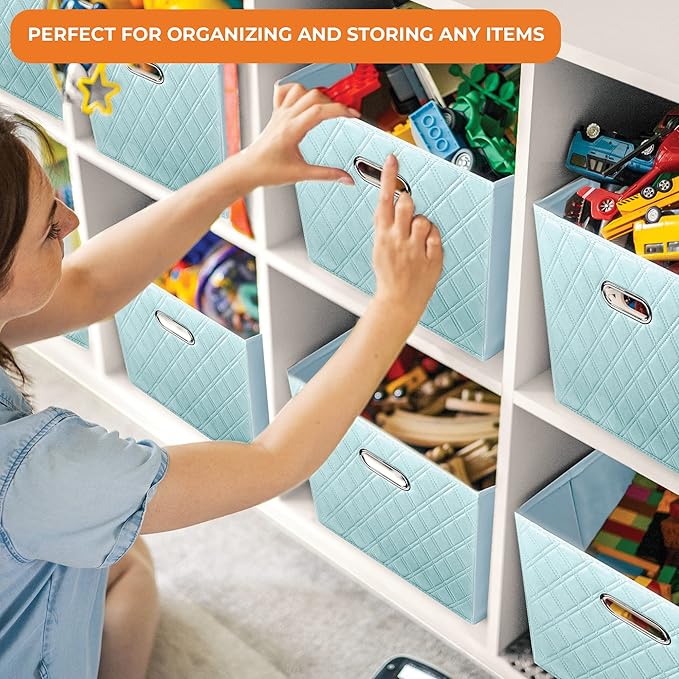 FH Group JIAessentials 11" Faux Leather Foldable Storage Cube Bins Set of 2 – Blue Diamond Patterned Organizers with Handles for Closet & Shelves