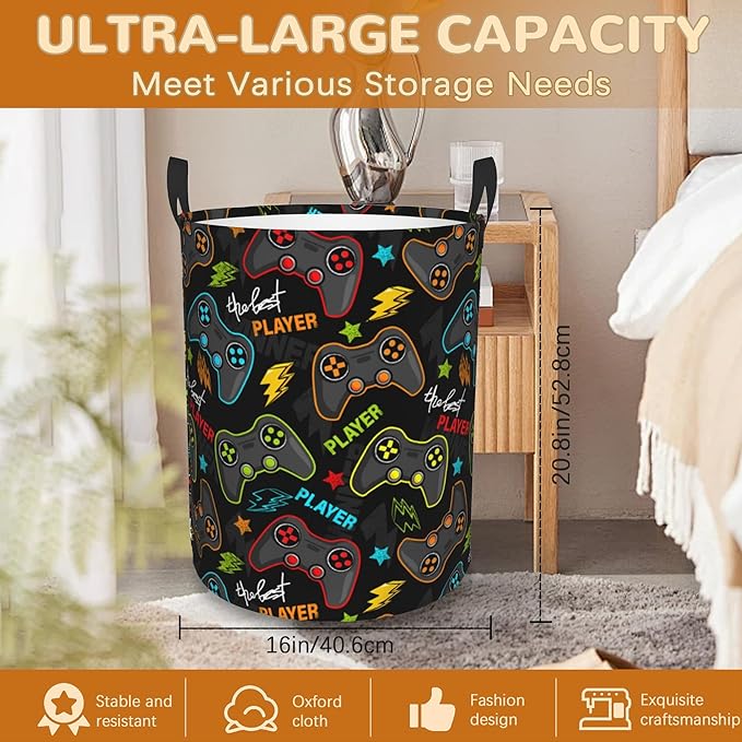 Game Controller Collapsible Laundry Basket,Player Gamepad Bedroom Waterproof Laundry Hamper,Bathroom Large Storage Bag,College Dormitory Living Room Nursery Organizer Toy Bin 16" x 20"