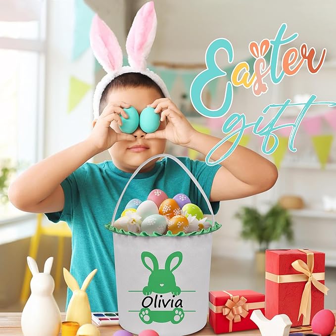 Easter Baskets for Girls Boys, Personalized Easter Basket with Name - Cute Green Bunny