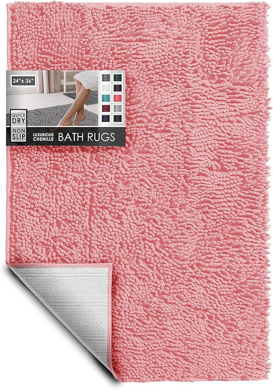 Hearth & Harbor Bathroom Rugs, Chenille Bath Mat - Machine Washable Bath Mats for Bathroom Non-Slip Backing Rubber, Quick Dry Bathroom Mat, 24 x 36 - Pink
