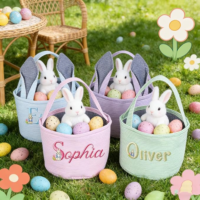 Personalized Easter Embroidered Basket with Name, Custom Seersucker Bunny Easter Egg Hunt Baskets for Kids, Monogram Cute Party Candy Bag with Handles, First Easter Gifts for Baby Girls Boys