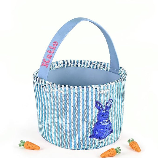 Personalized Easter Basket for Kids, Boys & Girls – Ideal for Egg Hunting & Easter Gift Storage (Blue Sequin Bunny Basket)