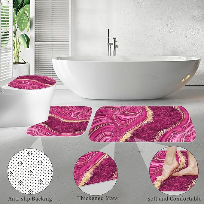 4PCS Pink Gold Marble Shower Curtain Sets with Rugs, Abstract Bathroom Sets with Shower Curtain and Rugs, Modern Bathroom Curtains Shower Set with Toilet Lid Cover Accessories