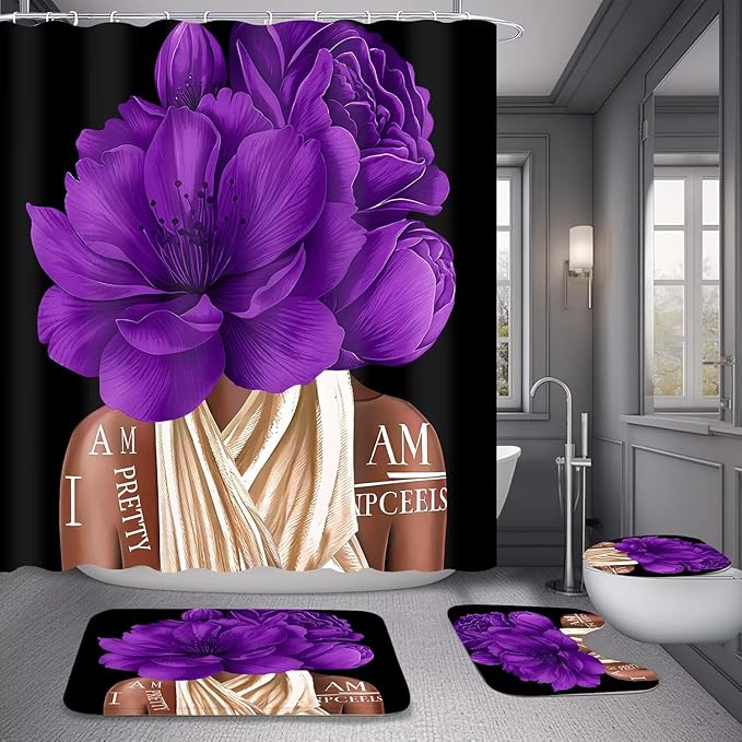 4 Pcs Purple Girl Shower Curtain Sets African American Woman Rose Floral Quotes Non-Slip Rugs Bath Mat Toilet Cover U Shaped Mat Shower Curtain with 12 Hooks Bathroom Set