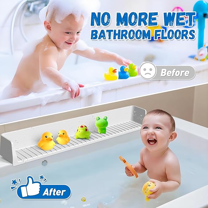 31 Inch Longer Kids Bathtub Water Splash Guard, Flexible Silicone Bath Toy Tray Holder with Strong Suction Cups, No Leak, Bathroom Essentials Shelf for Toddlers Baby Kids (Blue)