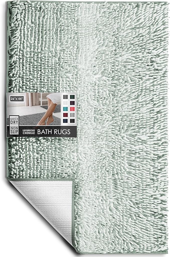 Hearth & Harbor Bathroom Rugs, Chenille Bath Mat - Machine Washable Bath Mats for Bathroom Non-Slip Backing Rubber, Quick Dry Bathroom Mat, 26 x 44 - Ombre Green