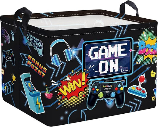 Clastyle Cool Game Storage Basket Kid Game Controller Clothes Laundry Hamper Collapsible Boy Toy Box for Nursery Palyroom,Black,40 * 30 * 30 cm