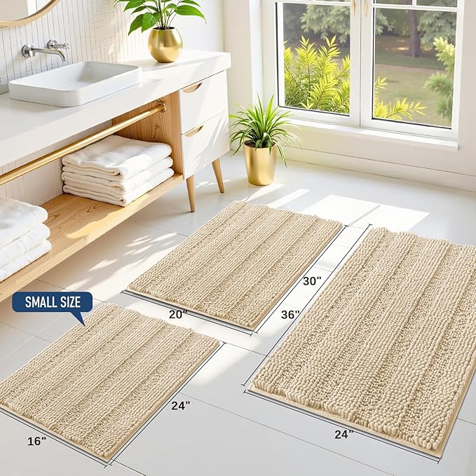 Grandaily Chenille Striped Bathroom Rugs 44x24, Extra Thick and Soft Absorbent Bath Mats, Rubber Backing, Plush Shaggy Shower Carpet, Machine Wash Dry, Bath Rug for Bathroom, Light Beige