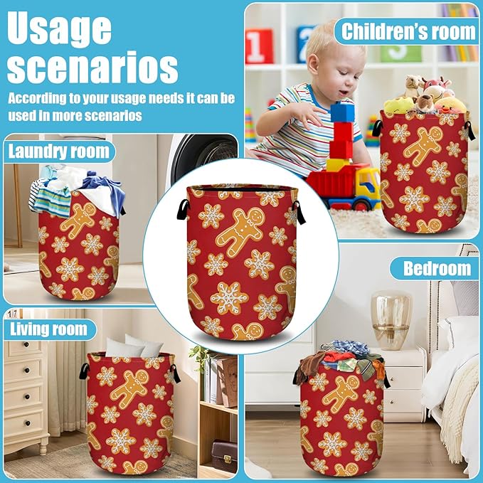 Red Gingersnap Laundry Basket, Christmas Laundry Hamper Collapsible Oxford Cloth with Handle Clothes Toy Storage Bin for Bathroom Laundry Room Bedroom 15.7 X 20 Inch