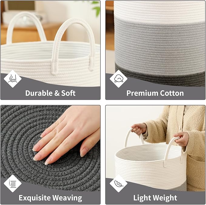 Woven Laundry Hamper Tall Rope Storage Basket for Blanket toys Dirty Clothes in Living Room Bathroom Bedroom (Gradient Grey, 60L/15.8Gal)