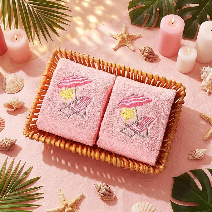 2 Pcs Beach Chair Hand Towels Pink Bathroom Decor 14x29 Inch Embroidered 100% Cotton Soft Absorbent Spring Summer Decorative Hand Towels for Bathroom Kitchen