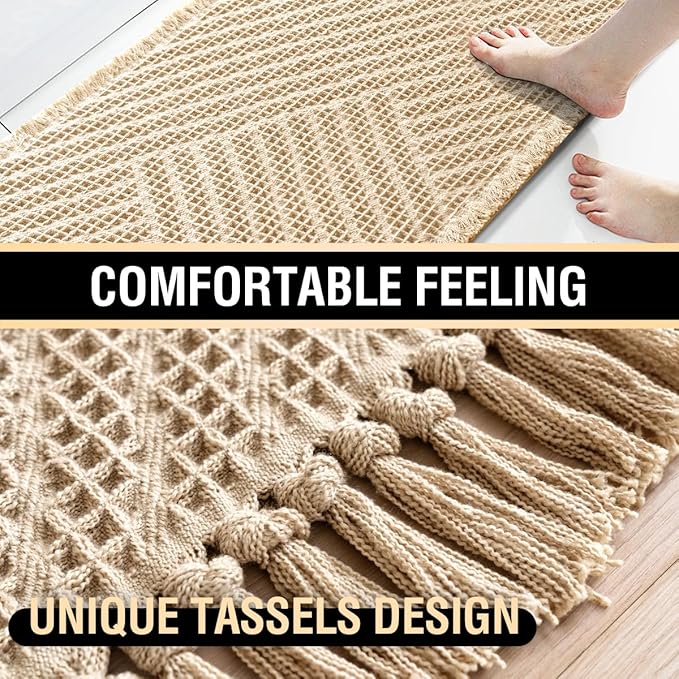 H.VERSAILTEX Waffle Bath Mat Super Absorbent Boho Bath Mat Non Slip Bath Rugs for Bathroom Floor Machine Washable Dry Fast Bathroom Rugs with Tassels (47 x 17 Plus 17 x 24 Inches, Sand)