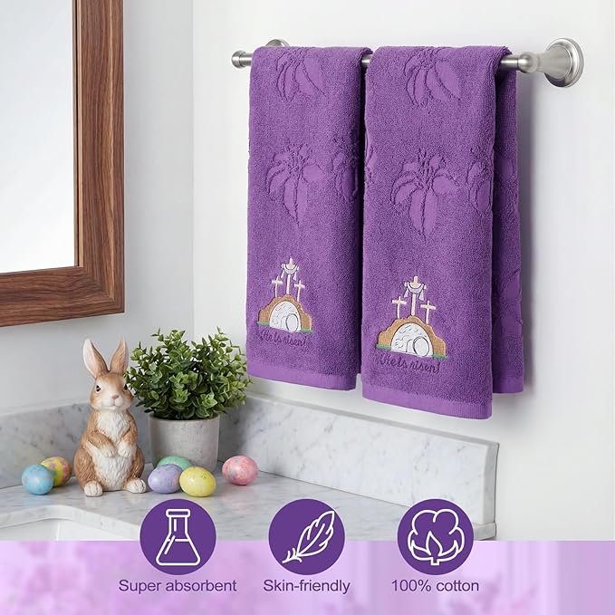2 Pcs Easter Hand Towels for Bathroom He is Risen Easter Christian Bath Towels Purple 100% Cotton Jacquard Embroidered Decorative Religious Gift Set Kitchen Decor Home Accessories