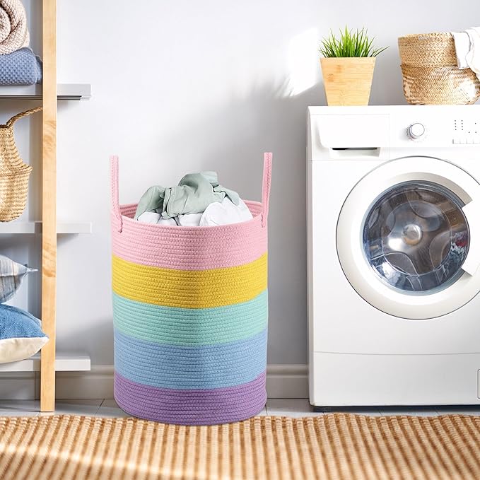Cotton Rope Laundry Basket Woven Hamper for Girls Kids Baby Large Capacity Clothes Storage for Living Room, Laundry Nursery Pillows Baby Toy chest