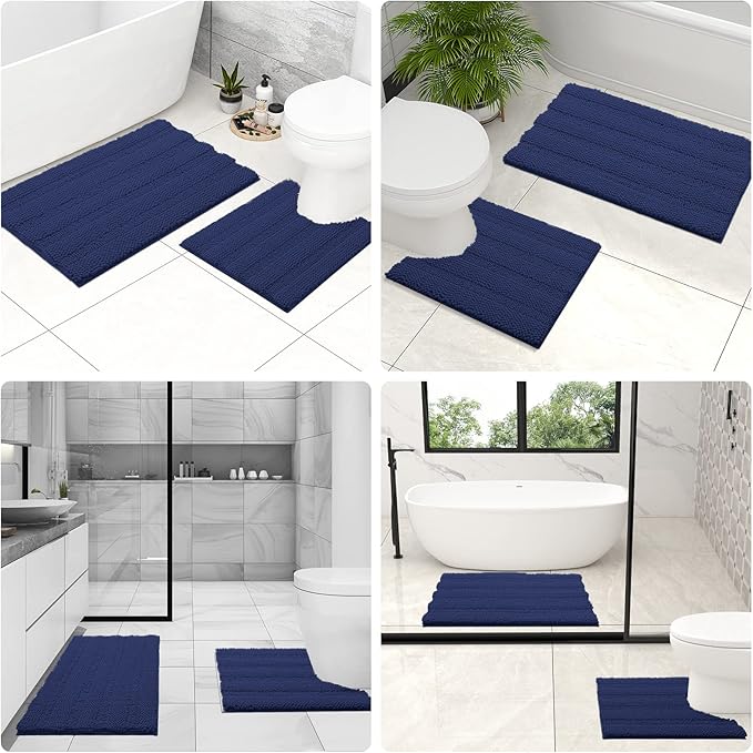Grandaily Chenille Striped Toilet Rugs U-Shaped 24x20, Extra Soft and Absorbent Bathroom Rugs, Non-Slip Plush Shaggy Bath Rug, Machine Washable Contour Bath Mats for Toilet Base, Navy