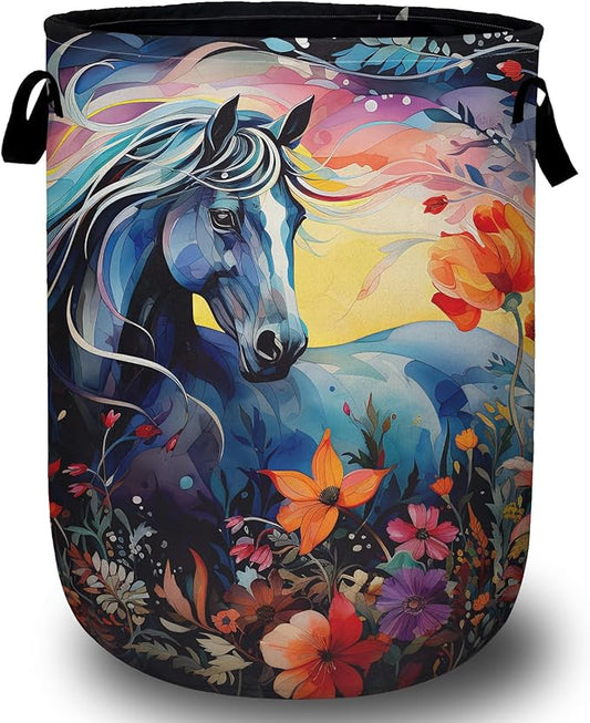 Colorful Horse Floral Laundry Basket, Laundry Hamper Collapsible Oxford Cloth with Handle Clothes Toy Storage Bin for Bathroom Laundry Room Bedroom 15.7 X 20 Inch