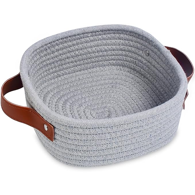 ABenkle Small Storage Basket, Mini Baskets, Cute Rope Woven Baskets for Organizing, Square Shelf Storage with Handle, Boho Decorative Toy Bin for Nursery, Spa, Empty Gift Basket - XS,Grey