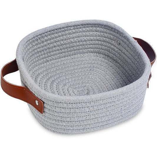 ABenkle Small Storage Basket, Mini Baskets, Cute Rope Woven Baskets for Organizing, Square Shelf Storage with Handle, Boho Decorative Toy Bin for Nursery, Spa, Empty Gift Basket - XS,Grey