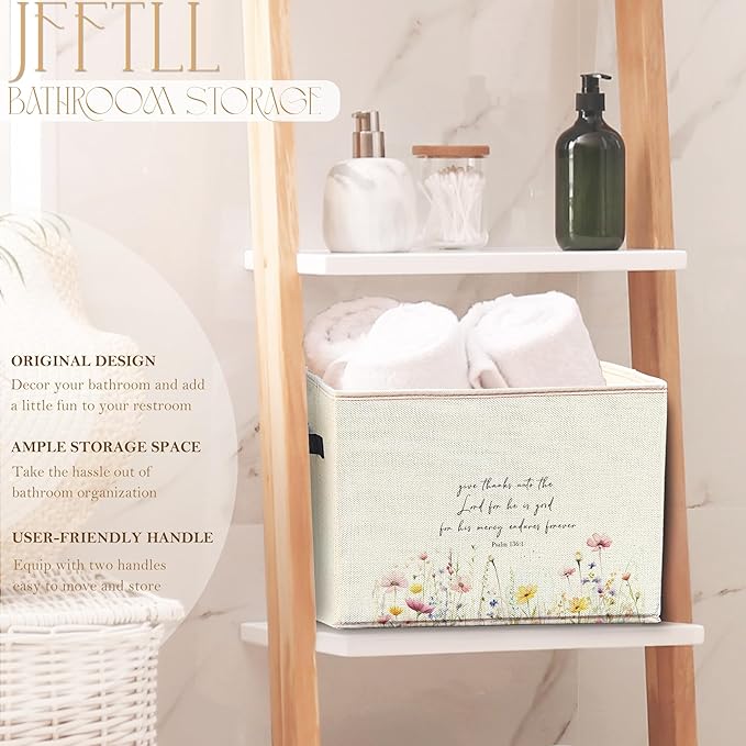 Christian Floral Storage Bins with Handles, Christian Home Decor, Give Thanks to the Lord Bible Verse Collapsible Laundry Basket Storage Box for Home Bedroom Bathroom Clothes Toys Books