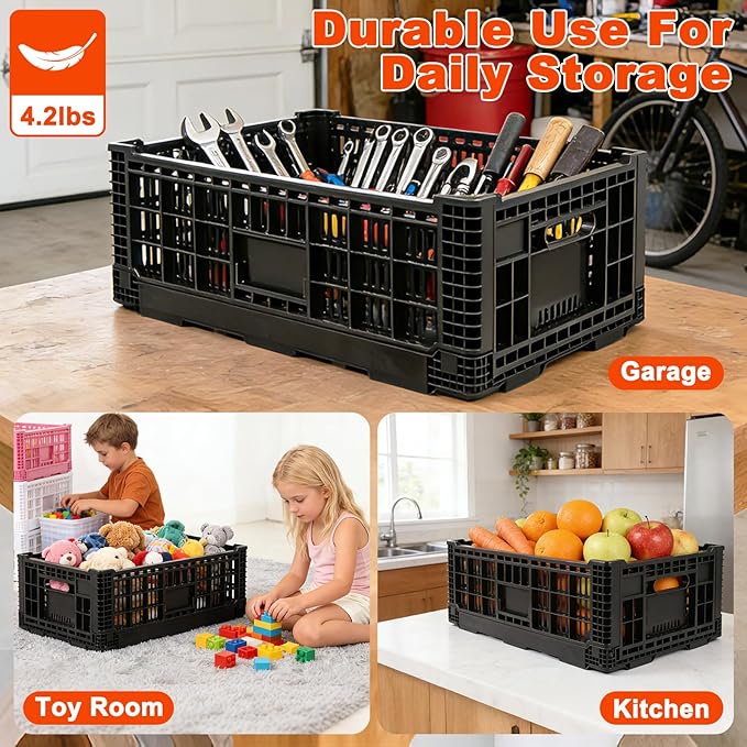 Collapsible Milk Crate, 1 pck 52L(13GAL) Stackable Storage Bins, Heavy Duty Storage Crates, Plastic Crates for Grocery, Warehouse Organization - Extra Large, Holds 130 lbs Per Bin
