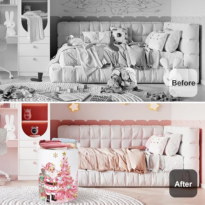 Pink Santa Claus Baby Laundry Hamper Christmas Clothes Kids Storage Basket Large Poinsettia Reindeer Sleigh Snowflake Girls Gift Toy Box Bin, Tree, 63L