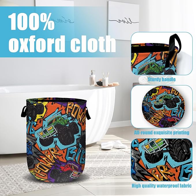 Monster Truck car Laundry Basket, Laundry Hamper Collapsible Oxford Cloth with Handle Clothes Toy Storage Bin for Bathroom Laundry Room Bedroom 15.7 X 20 Inch