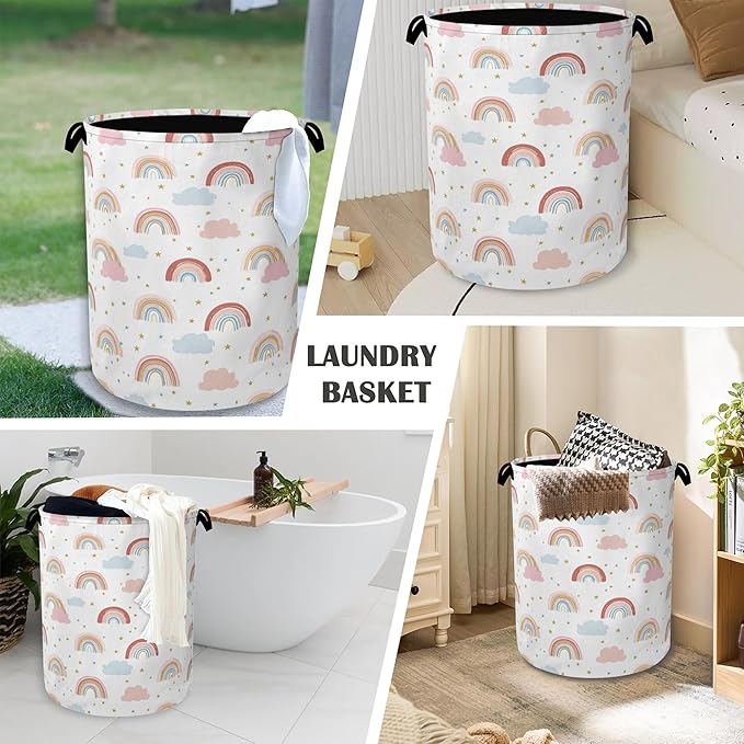 Rainbow Laundry Hamper,Stars Dirty Clothes Laundry Basket with Handles Waterproof Oxford Cloth Storage Basket for College Dorms Bathroom Bedroom 16" x 20.8"