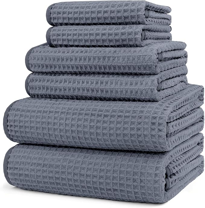 HOMEXCEL 6 Piece Premium Towels Set, 2 Bath Towels, 2 Hand Towels, and 2 Wash Cloths, Soft, Highly Absorbent and Quick Dry Microfiber Waffle Towel for Bathroom, Gym, Shower, Hotel, and Spa, Grey