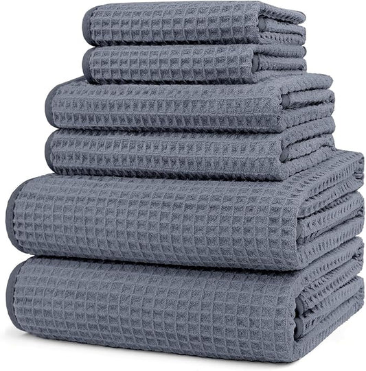 HOMEXCEL 6 Piece Premium Towels Set, 2 Bath Towels, 2 Hand Towels, and 2 Wash Cloths, Soft, Highly Absorbent and Quick Dry Microfiber Waffle Towel for Bathroom, Gym, Shower, Hotel, and Spa, Grey