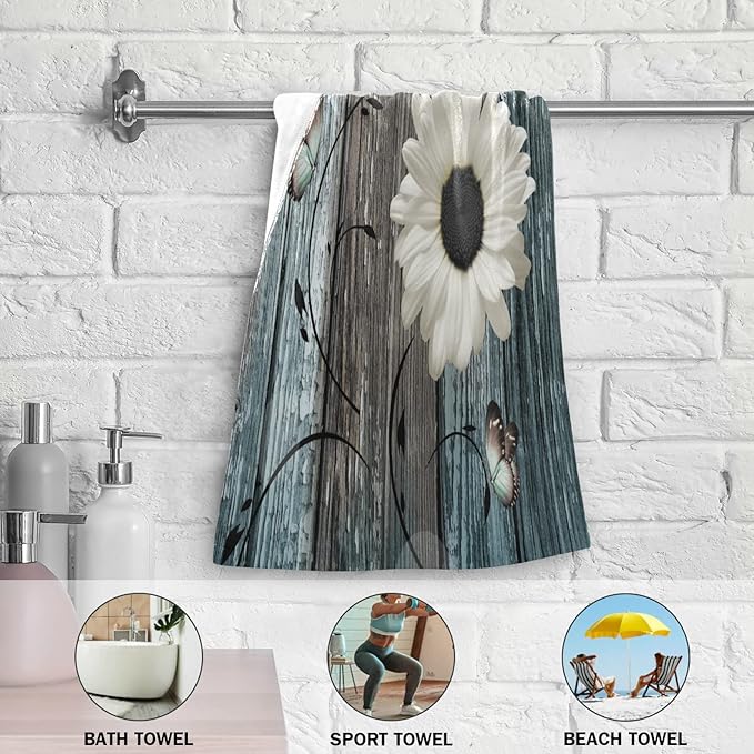 Hand Towels for Bathroom Set of 2 Farmhouse Floral Rustic White Daisy Flower Teal Blue Wooden Plank Soft Absorbent Small Bath Towels Decorative Kitchen Guest Dish Towel for Gym,Spa 28x14in