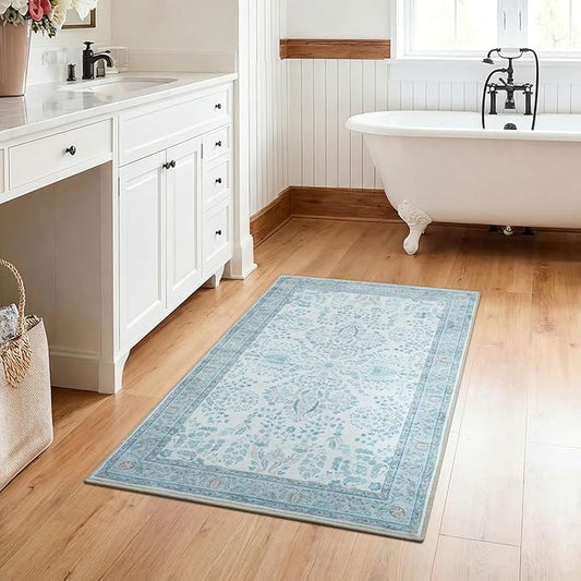 GRANNY SAYS Boho Bathroom Rugs 26"x 18" Non-Slip, Quick Dry & Washable, Vintage Bath Rug, Distressed Farmhouse Plush Velvet Bath Mat, Absorbent for Shower Toilet Sink, Pet Friendly - Vintage Blue