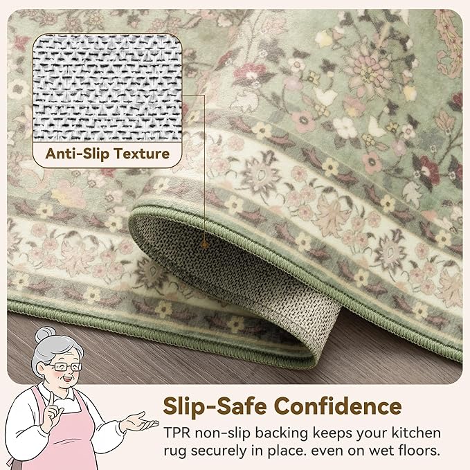 GRANNY SAYS Boho Bathroom Runner 47"x 18" Non-Slip,Quick Dry & Washable Vintage Bath Rug,Distressed Farmhouse Plush Velvet Bath Mat for Sink Shower and Bathtub, Flower Green