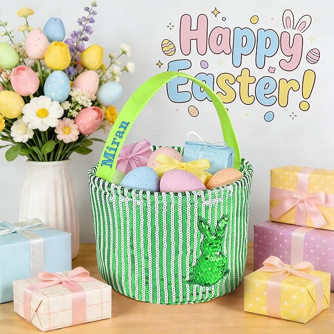 Personalized Easter Basket for Kids, Boys & Girls – Ideal for Egg Hunting & Easter Gift Storage (Green Sequin Bunny Basket)