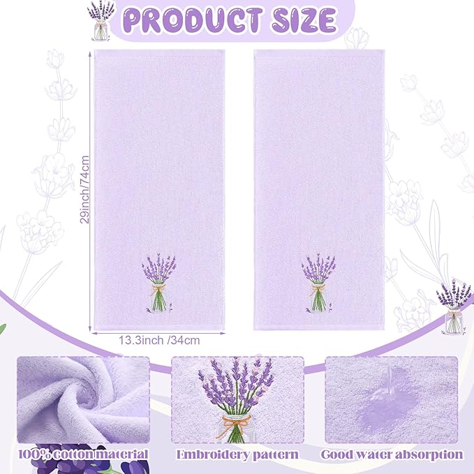2 Pcs Lavender Hand Towels Purple Bathroom Decor 14x29 Inch Embroidered 100% Cotton Soft Absorbent Spring Summer Decorative Hand Towels for Bathroom Kitchen