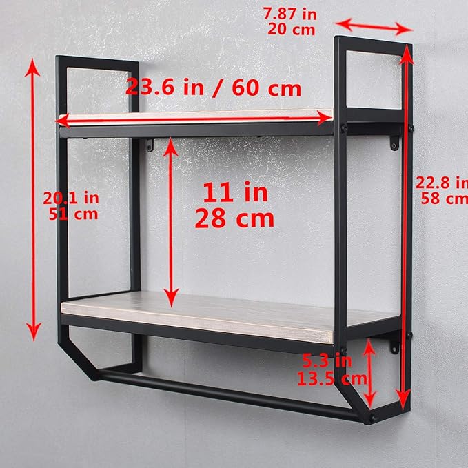 2-Tier Metal Industrial 23.6" Bathroom Shelves Wall Mounted,Rustic Wall Shelf Over Toilet,Towel Rack with Towel Bar,Utility Storage Shelf Rack, Floating Shelves Towel Holder,Retro White