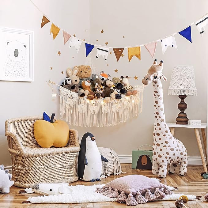 ANROYE Macrame Stuffed Animal Toy Net Hammock with Star Light, Small Plushies Boho Storage for Nursery, Corner Wall Hanging Organizer for Kid, Bohemian Woven Decor Display Holder for Girls Boy Gift