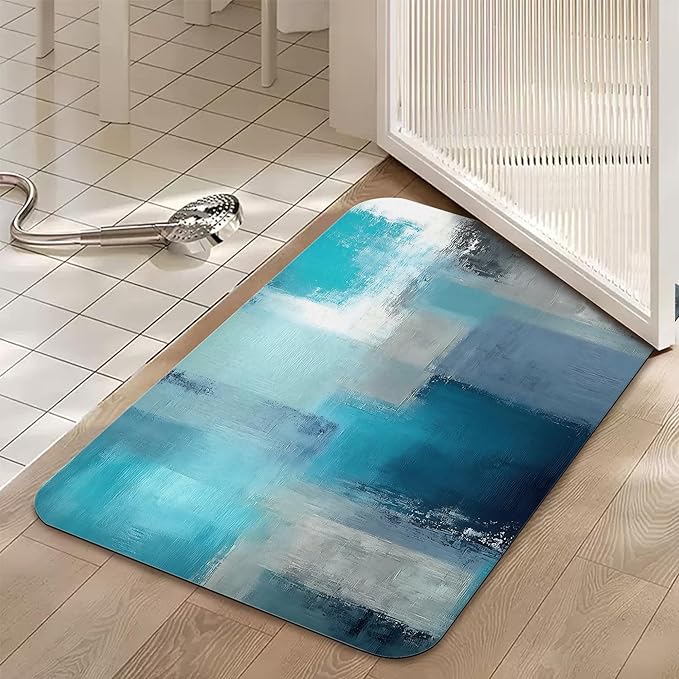 Abstract Blue Grey Bathroom Rugs, Non Slip Quick Dry Rustic Bath Mats for Bathroom, Super Absorbent Diatomaceous Bathmat for Home Kitchen Thin Floor Doormat 17 X 29.5 Inch