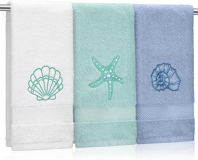 3 Pack Coastal Hand Towels for Bathroom 100% Cotton Embroidered Beach Bathroom Towels 13.8 x 29.5'' Seashell Starfish Conch Blue Finger Towel Nautical Decorative Towel Gift for Summer Holiday