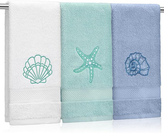 3 Pack Coastal Hand Towels for Bathroom 100% Cotton Embroidered Beach Bathroom Towels 13.8 x 29.5'' Seashell Starfish Conch Blue Finger Towel Nautical Decorative Towel Gift for Summer Holiday