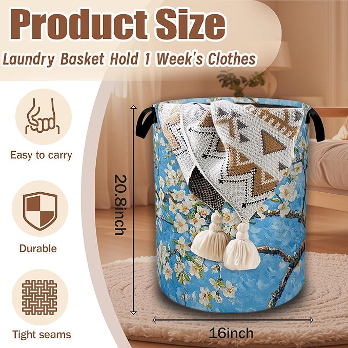 Laundry Hamper,Almond Blossom Collapsible Laundry Baskets Waterproof Oxford Cloth With Handles,Clothes Storage Bucket Toy Organizer For Bathroom/Nursery/Bedroom 16" x 20.8"