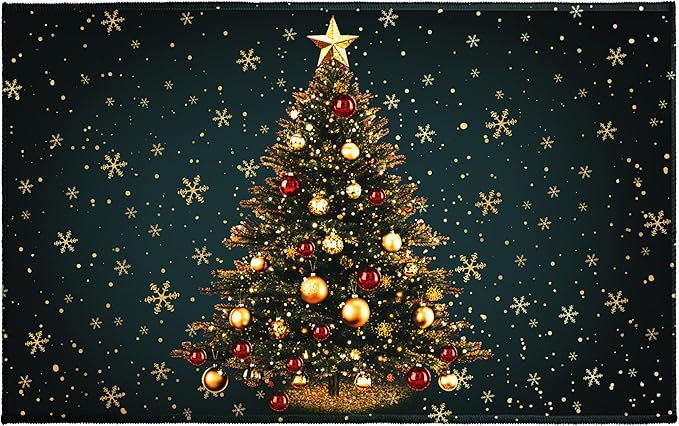 Green Christmas Bath Rug Xmas Tree Gold Snowflakes Bathroom Mat Winter Holiday Rug Extra Soft Plush Rug 20X32 Inch Non Slip Absorbent Doormat for Bathroom Entryway