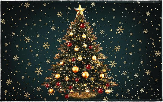 Green Christmas Bath Rug Xmas Tree Gold Snowflakes Bathroom Mat Winter Holiday Rug Extra Soft Plush Rug 20X32 Inch Non Slip Absorbent Doormat for Bathroom Entryway