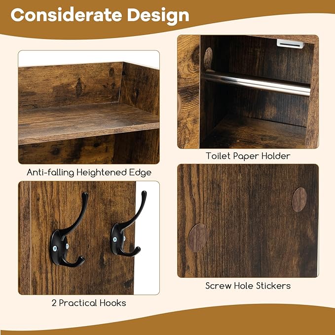 Tangkula Over The Toilet Storage Cabinet, Farmhouse Freestanding Above Toilet Rack w/Sliding Barn Door, Adjustable Shelves, Toilet Paper Holder, 2 Hooks, Bathroom Space Saver (Retro, Rustic Brown)