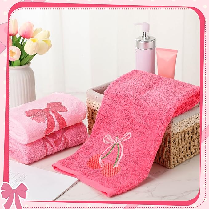 3 Pcs Pink Hand Towels for Bathroom Coquette Bow Embroidered Decorative Towel 100% Cotton Soft Absorbent Kitchen Facecloth Preppy Bathroom Decor Bridal Shower Wedding Gift 13.7 x 29.5''